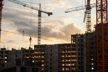 Fototapete - Multiple cranes work efficiently at a construction site as the sun sets, illuminating the building's framework and reflecting on workers below