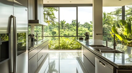 Aufkleber - Spacious and bright modern kitchen with sleek stainless steel appliances granite countertops and a large panoramic window overlooking a lush garden landscape