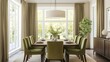 © Dina - An elegant dining room with a dark wooden table, olive green upholstered chairs, and soft cream walls