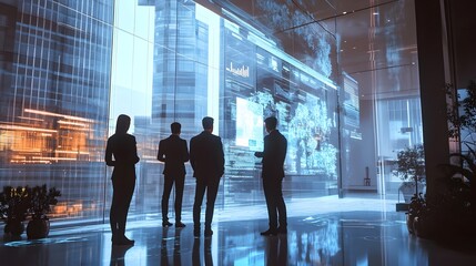 Poster - Professional business team using transparent holographic screens to analyze digital data reports and analytics in a modern high rise office environment  Concept of technology innovation