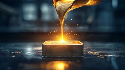 Poster - Liquid gold pouring into a mold, glowing brightly in a dark workshop, molten gold, metalwork and crafting