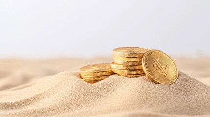 Poster - Ancient gold coins buried in sand, symbolizing hidden treasure, buried gold, treasure hunt