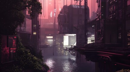 Poster - Varied urban and natural landscapes blending traditional architectural elements and modern minimalistic structures with moody and atmospheric lighting