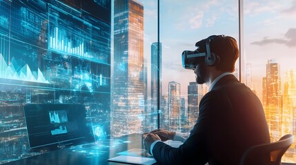 Poster - CEO Leading Holographic Strategy Session with Virtual Reality Business Tools in the Backdrop of a Modern Skyscraper Office