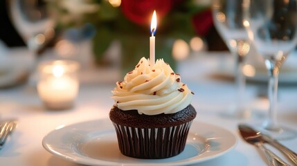 Wall Mural - A chocolate cupcake with frosting and a lit candle, set on a table with elegant decor.