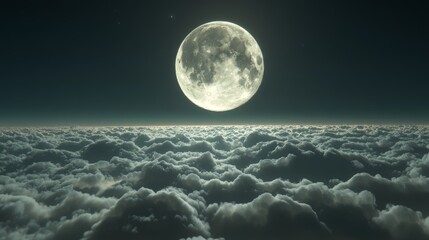 Wall Mural - A stunning moon in the sky, gliding over endless clouds with its light shining brightly. This seamless 3D animation features the moon's glow extending over the horizon in a continuous loop