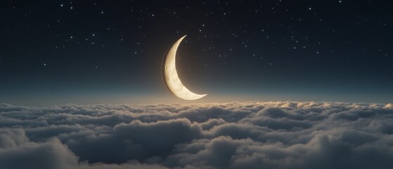 Wall Mural - A stunning moon in the sky, gliding over endless clouds with its light shining brightly. This seamless 3D animation features the moon's glow extending over the horizon in a continuous loop