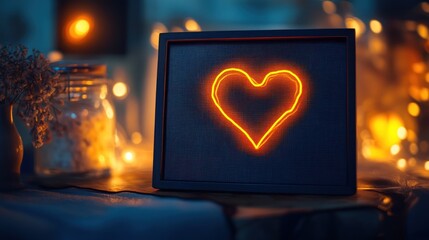 Wall Mural - A glowing heart shape illuminated on a dark background, surrounded by warm lights.