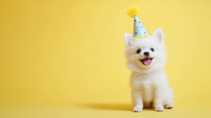 Canvas Print - A cheerful white puppy wearing a party hat against a bright yellow background.