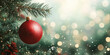 © syhin_stas - Christmas ball ornament hangs gracefully on a snow-dusted evergreen branch, creating a festive and cozy atmosphere with a warm, shimmering gold bokeh. Banner. Copy space
