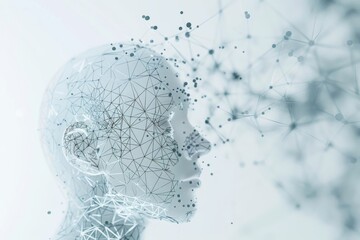 Poster - A translucent human head crafted from a network of lines and nodes captures the essence of artificial intelligence and digital connectivity