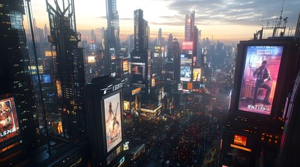 Poster - futuristic skyline of a vibrant cyberpunk inspired metropolitan city illuminated by the setting sun 