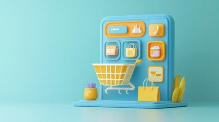 Wall Mural - A colorful shopping interface with a basket and various icons representing products.