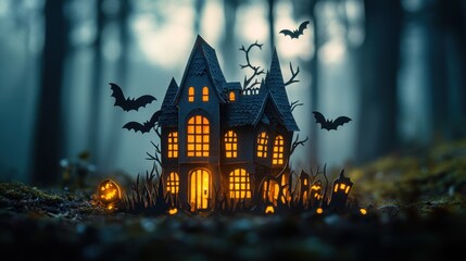 Poster - A spooky illuminated paper haunted house surrounded by bats and a foggy forest.