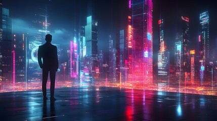 Poster - Futuristic CEO Looks at Holographic Strategic Plan for Neon Lit City Skyline  Corporate Leader Envisions the Future of Business with Digital Technologies and Data Visualization