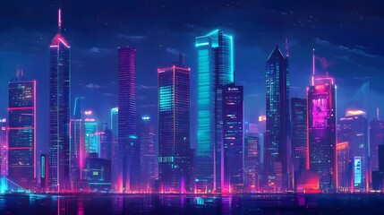 Poster - Mesmerizing cityscape showcasing a vibrant neon lit skyline of sleek towering skyscrapers and a bustling futuristic metropolitan landscape  The scene is rendered in a digital painting style