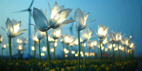 White tulips are blooming under a blue sky filled with white clouds, the sun is setting over a field of colorful flowers and grass