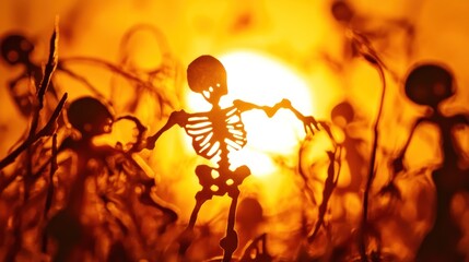 Wall Mural - A playful skeleton stands among grass at sunset, creating a whimsical and eerie atmosphere.