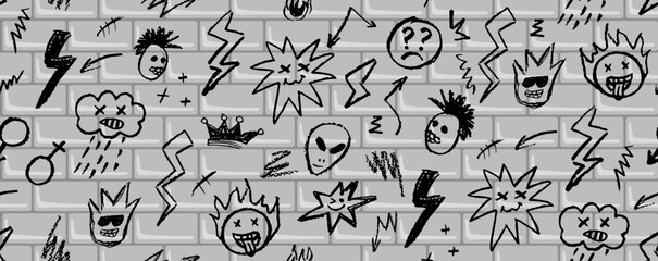 Wall Mural - grunge rock seamless pattern with doodle elements. wax pencil drawing face with tongue out, cartoon 