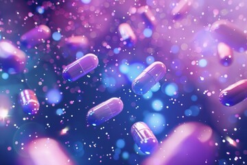 Poster - Ethereal capsules float against a vibrant bokeh backdrop, creating a dreamlike atmosphere of health and wellness. Generative AI