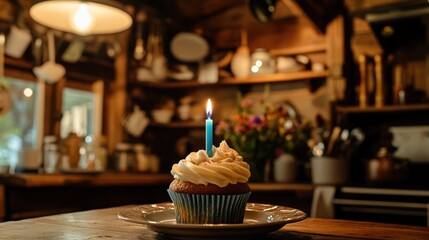 Wall Mural - A decorated cupcake with a blue candle sits on a plate in a cozy kitchen setting.