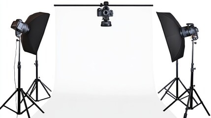 Sticker - A photography studio setup with lights and a backdrop for shooting images.