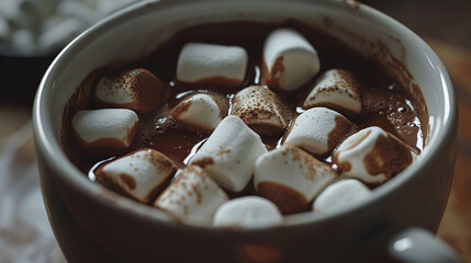 Cozy hot chocolate with marshmallows in a cup on the table