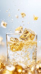 Poster - a close-up of gold flakes floating in clear liquid, resembling liquid luxury, gold in liquid, luxuri