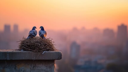 Wall Mural - Two pigeons perched on a nest against a sunset skyline.