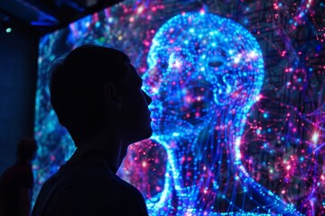 Poster - Exploring the intersection of technology and human perception in a vibrant digital art installation at an immersive exhibition. Generative AI