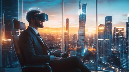Poster - CEO Leads Holographic Strategy Session with Virtual Reality Business Tools in Modern Skyscraper Backdrop  Corporate executives brainstorm and collaborate on future plans and data driven decisions