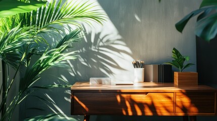 Poster - A serene workspace with plants casting shadows on a wooden desk.