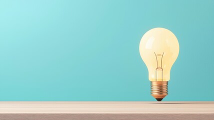 Sticker - A minimalist image featuring a single light bulb on a concrete surface against a blue background.