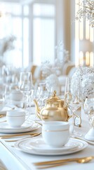 Poster - A luxurious gold teapot with ornate details, placed on a high-end dining table, gold teapot, luxury dining