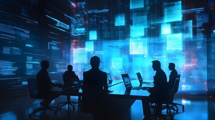 Poster - Futuristic business meeting with floating holographic data displays and interactive technology in a sleek modern office workspace  Collaborative data analytics strategy planning