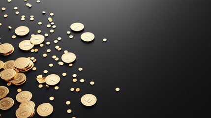 Poster - A detailed image of gold coins scattered on a black surface, shining brightly, gold coins, wealth and prosperity
