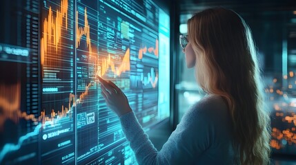 Poster - Futuristic holographic financial advisor presenting market predictions and analytics on a transparent digital interface  Concept of advanced financial forecasting