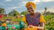 © Sumet - Smiling woman in a vibrant outfit, engaged in farming with a sewing machine against a beautiful outdoor backdrop.