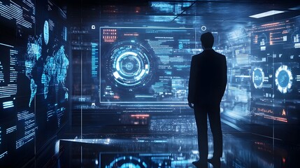 Poster - CEO Overviewing Digital Business Plan with Holographic Charts and Cutting Edge Technology  Futuristic corporate background with abstract geometric shapes and patterns representing data analytics