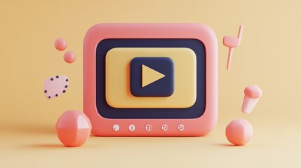 A playful, colorful media player design with a prominent play button and abstract shapes.