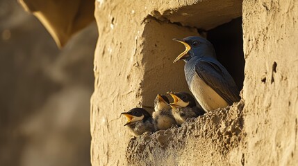 Poster - A parent bird feeding its chicks in a natural nest.