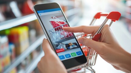 Poster - a close-up of a smartphone with an e-commerce app, a person adding items to their cart for online pu