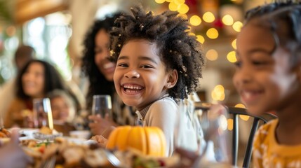 Wall Mural - A family is sitting down to eat a meal together, with a young girl smiling