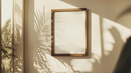 Poster - A minimalistic empty picture frame casting shadows in a sunlit room.