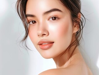 Stunning portrait of a woman with glowing skin, showcasing natural beauty and elegance in a soft, minimalist setting.