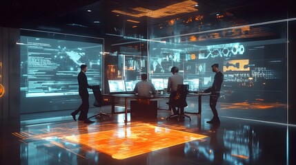 Poster - Augmented Reality Business in Futuristic Workspace with Transparent Tech Screens  Team of professionals using advanced technology for strategy innovation