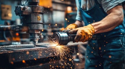 A close-up of an industrial worker using a lathe machine in a metalworking shop, shaping raw materials.