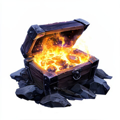 Sticker - Glowing treasure chest surrounded by dark rocks on a white background