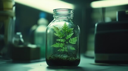 Wall Mural - A small glass jar containing a vibrant green plant with roots, set in a lab-like environment.