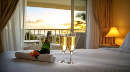 Sticker - A romantic setting with champagne and glasses on a bed, overlooking a sunset view.